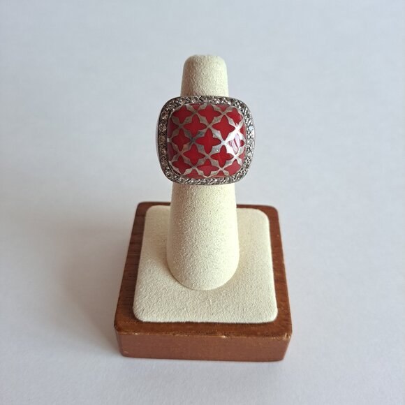 Angelique de Paris 925 Silver Zircon & Resin Red Square Ring Size 6 - Picture 4 of 12
